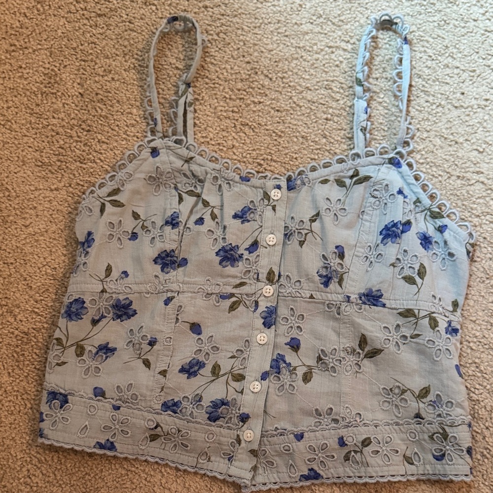 American Eagle Outfitters Light Blue Floral Eyelet Button Cami